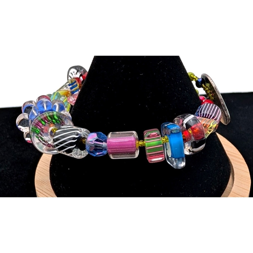 Artisan Lampwork Glass Bead Bracelet Multi Color Boho Button Toggle 8 Inch - Picture 2 of 5